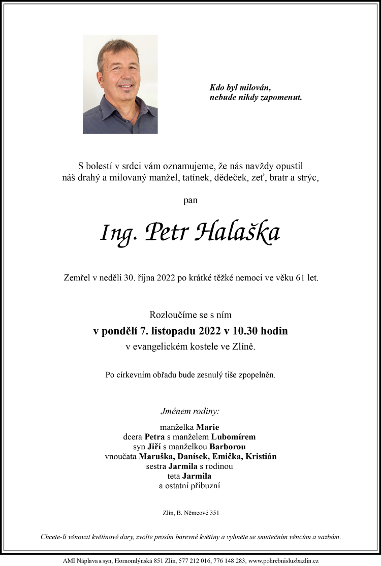 Traueranzeige Ing. Petr Halaška, Smartplast s.r.o. Traueranzeige Ing. Petr Halaška, Smartplast s.r.o.