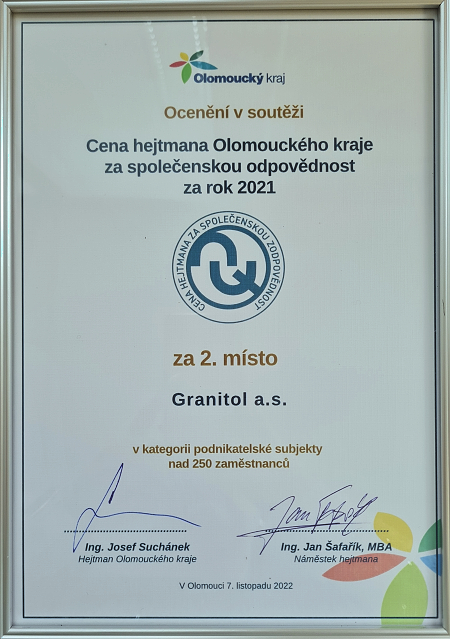 Granitol - Preis der Region Olomouc für gesellschaftliche Verantwortung Granitol - Preis der Region Olomouc für gesellschaftliche Verantwortung