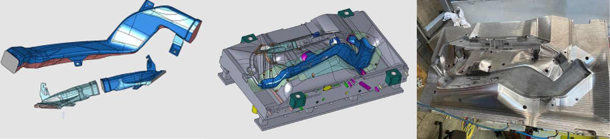 Beispiel aus einem mit CAD/CAM Cimatron bearbeiteten Projekt eines Blasformwerkzeugs für drei verschiedene Teile. Beispiel aus einem mit CAD/CAM Cimatron bearbeiteten Projekt eines Blasformwerkzeugs für drei verschiedene Teile.
