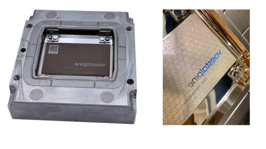 Abbildung 11: Werkzeug mit Hintergrundtextur und integriertem digitalem Wasserzeichen (links) und mittels Femtosekundenlasertechnologie in die Werkzeugoberfläche gravierter Hologrammeffekt (rechts)