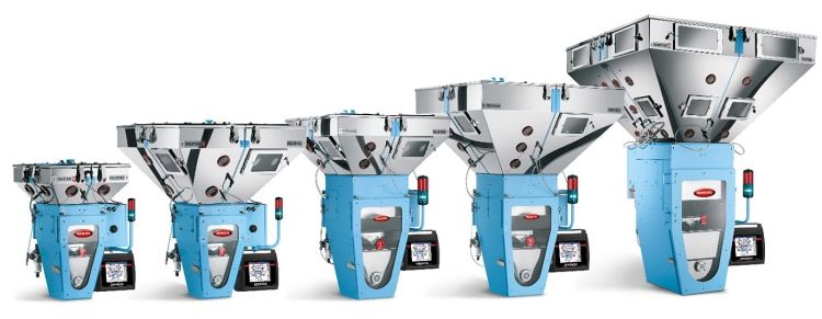 Die Mischerbaureihe DGM GRAVIX. Von links: DGM 100, DGM 200, DGM 400, DGM 600 und DGM 800.